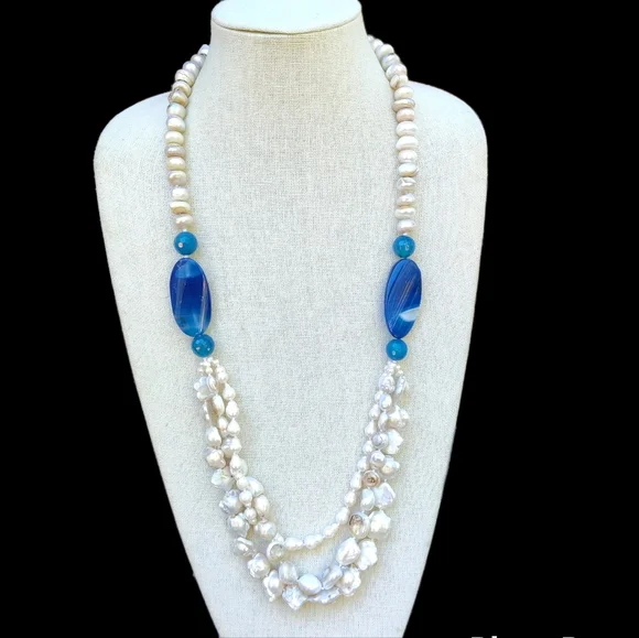 Heavy blister pearl, baroque pearl and agate necklace - Picture 1 of 6